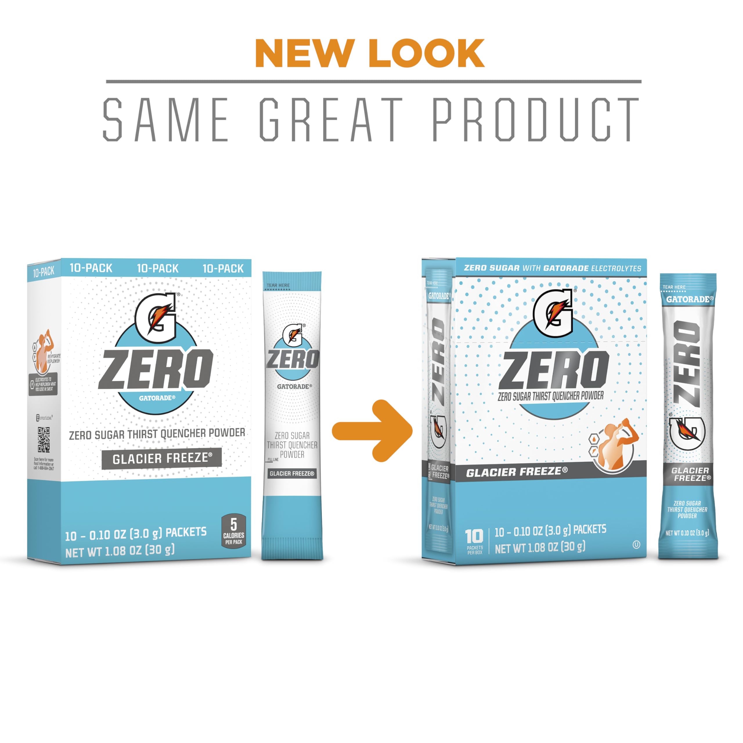 Gatorade Zero Powder flavors line up: Glacier Freeze, Orange, Glacier Cherry.