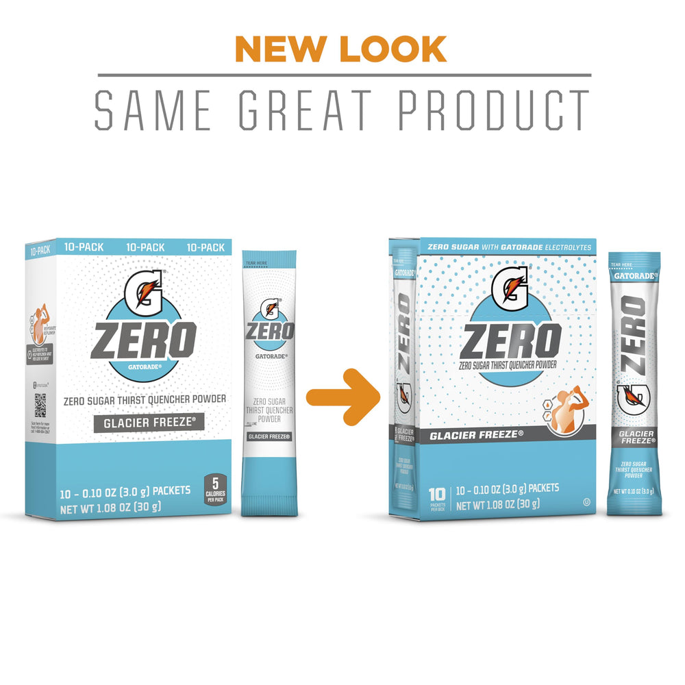 Gatorade Zero Powder flavors line up: Glacier Freeze, Orange, Glacier Cherry.