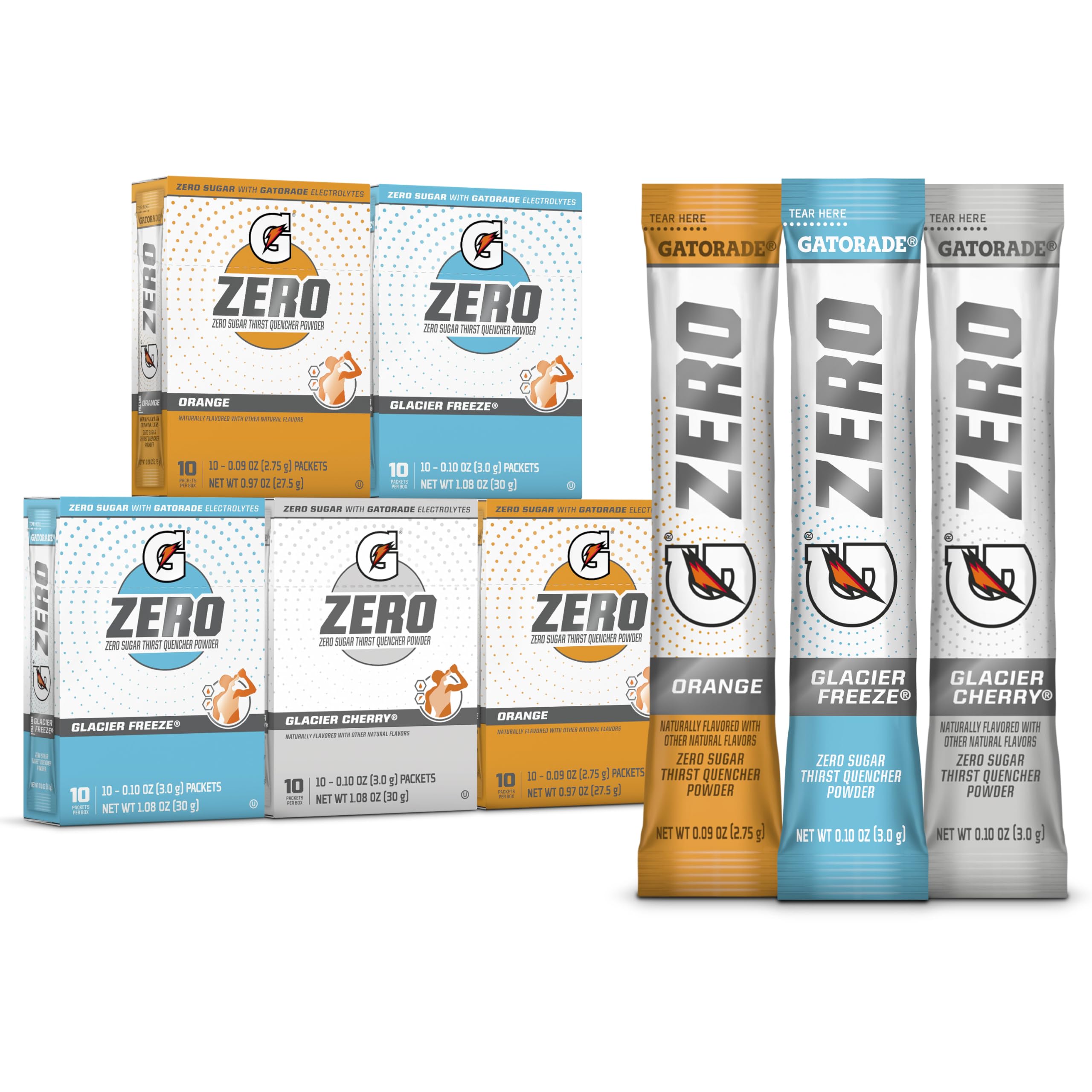 Gatorade Zero Powder packaging showcases Glacier Cherry, Glacier Freeze, and Orange flavors.