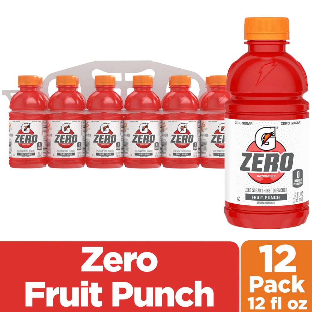 Gatorade Zero Sugar Fruit Punch bottle in hand for on-the-go refreshment.