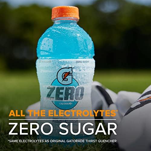 Gatorade Zero 20 oz bottle closeup emphasizes zero sugar formula for flavor without sugar.