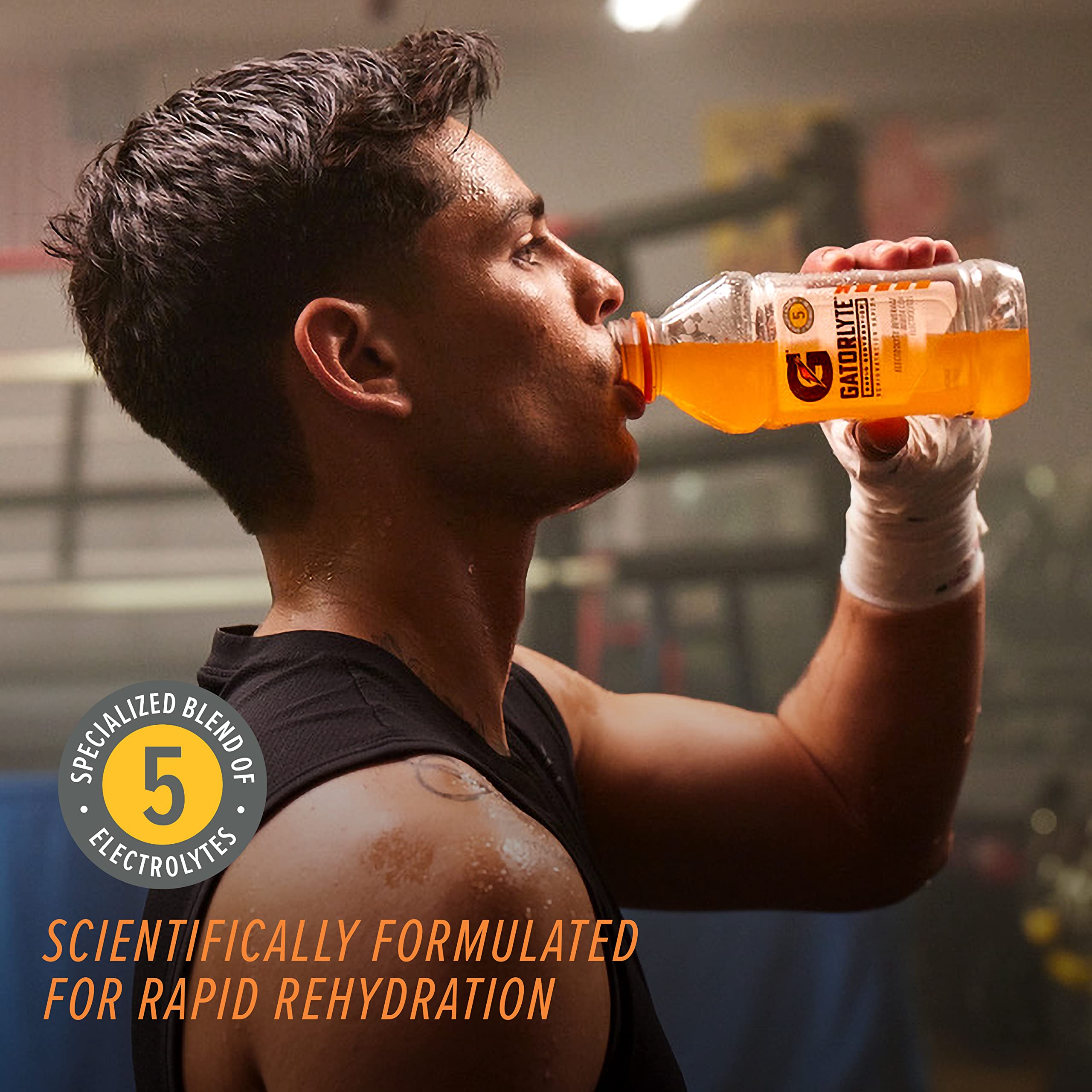 Gatorlyte bottle close-up highlights electrolytes for quick recovery.