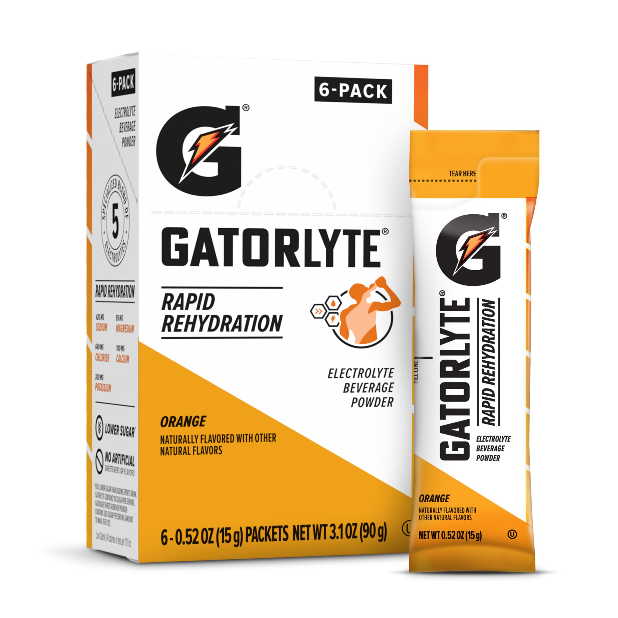 Gatorlyte Orange powder stick six-pack for rapid hydration.