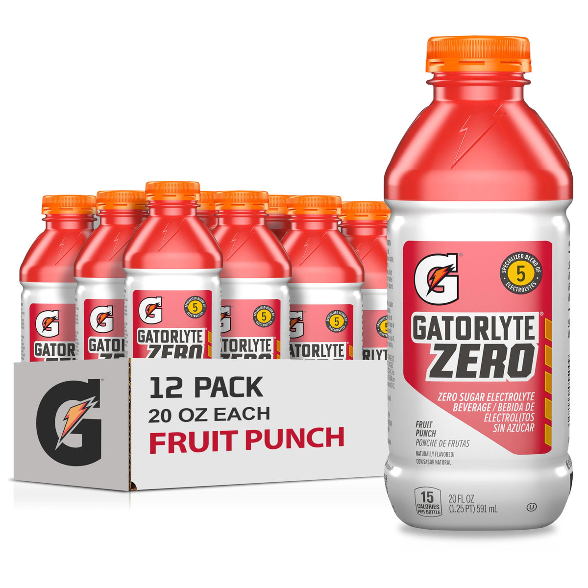 Gatorlyte Zero Fruit Punch bottle highlighting five electrolytes for hydration