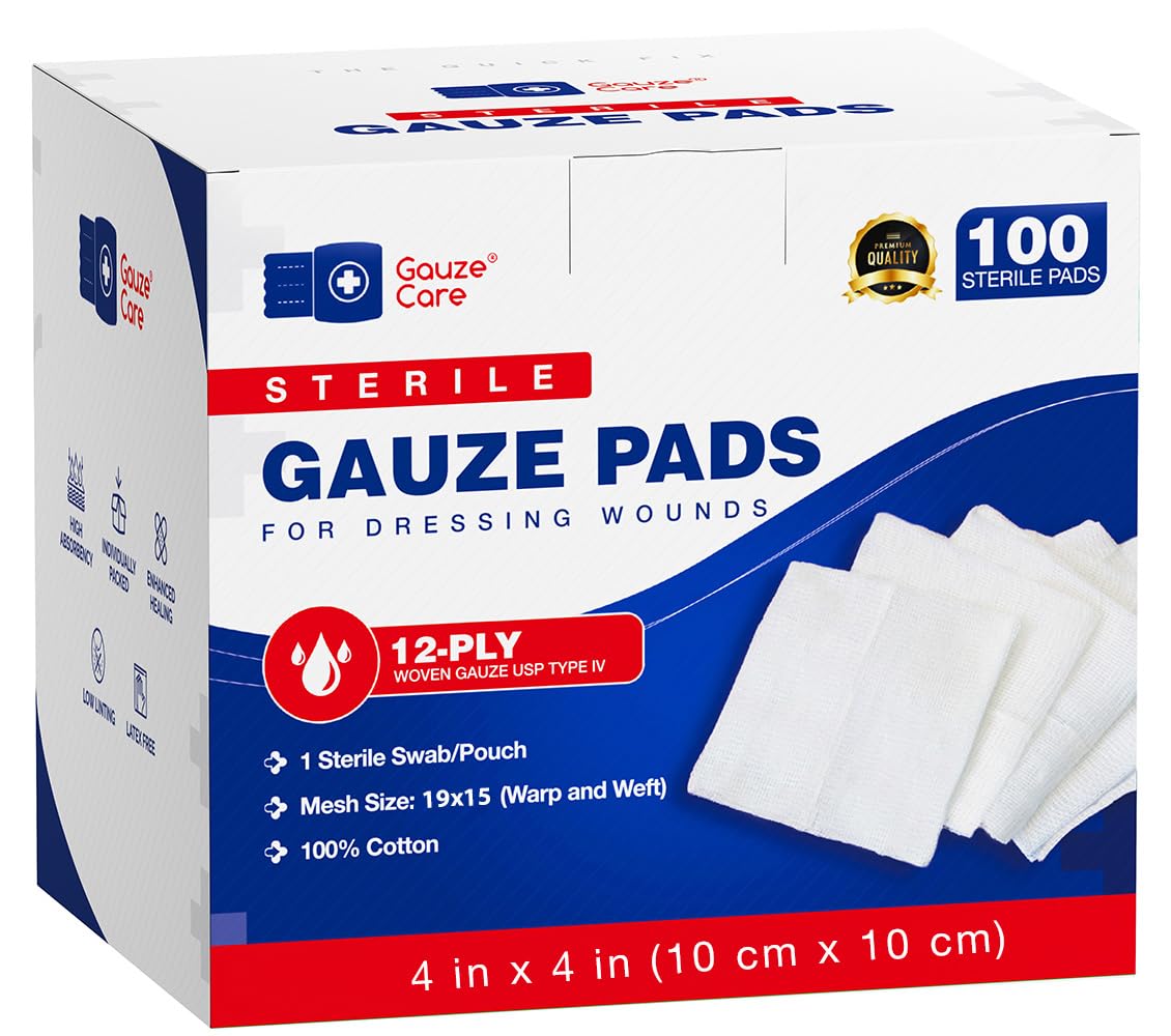 Gauze Care 100pc sterile 4x4 pads, packaged for quick wound coverage.