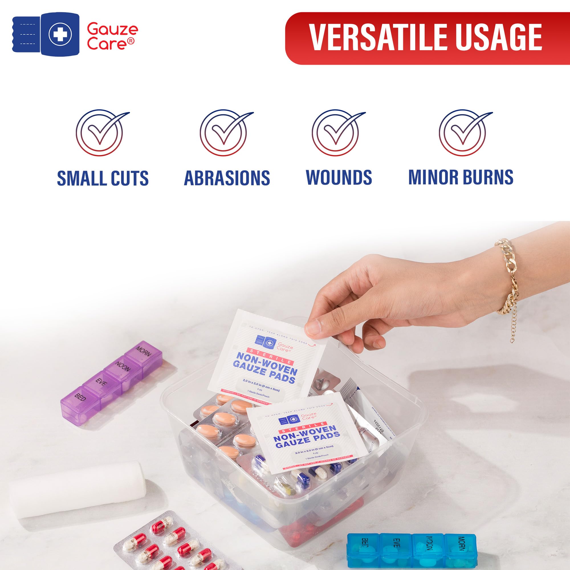 Gauze Care 100-pack bulk box, ideal for stocking a home or workplace first-aid kit.