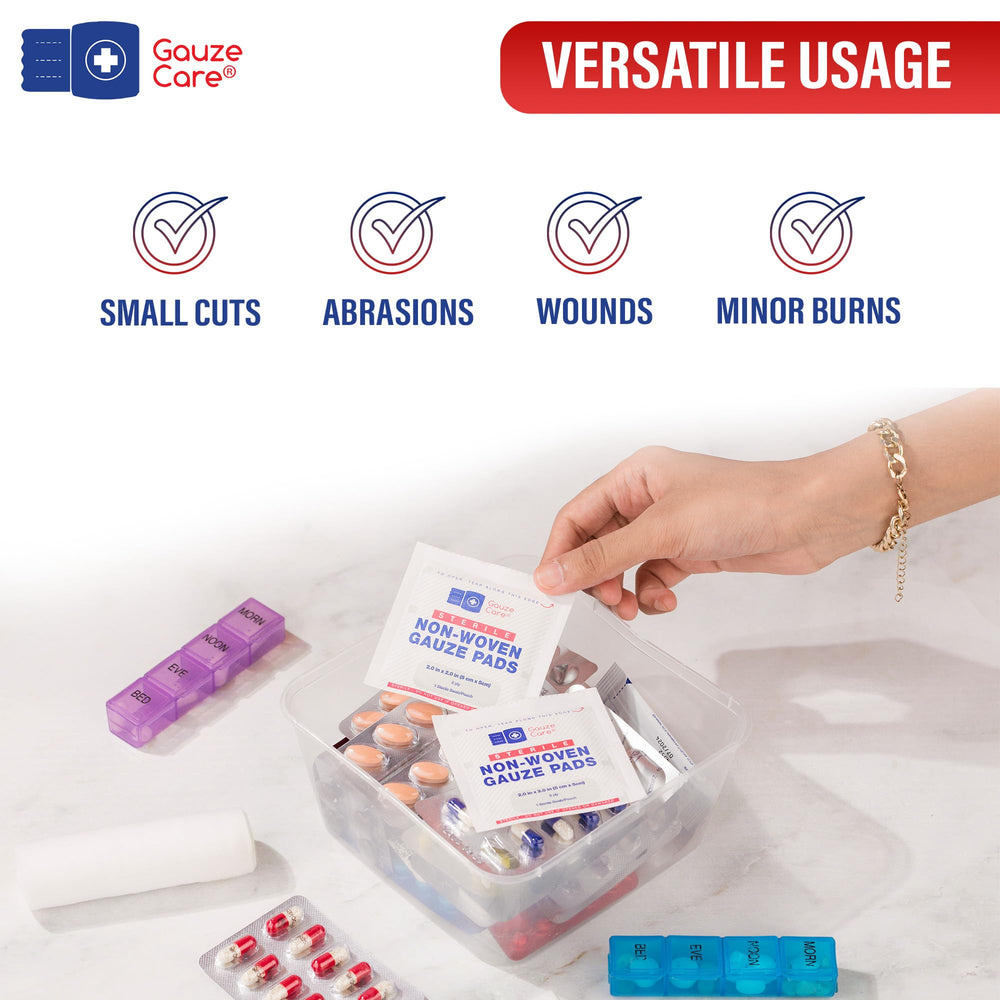 Gauze Care 100-pack bulk box, ideal for stocking a home or workplace first-aid kit.