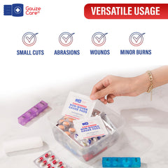 Gauze Care 100-pack bulk box, ideal for stocking a home or workplace first-aid kit.