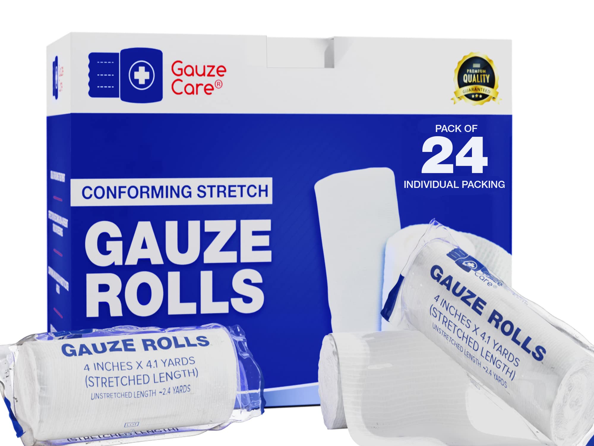 Gauze Care pack of 24 rolls keeps dressings in place for home first aid.