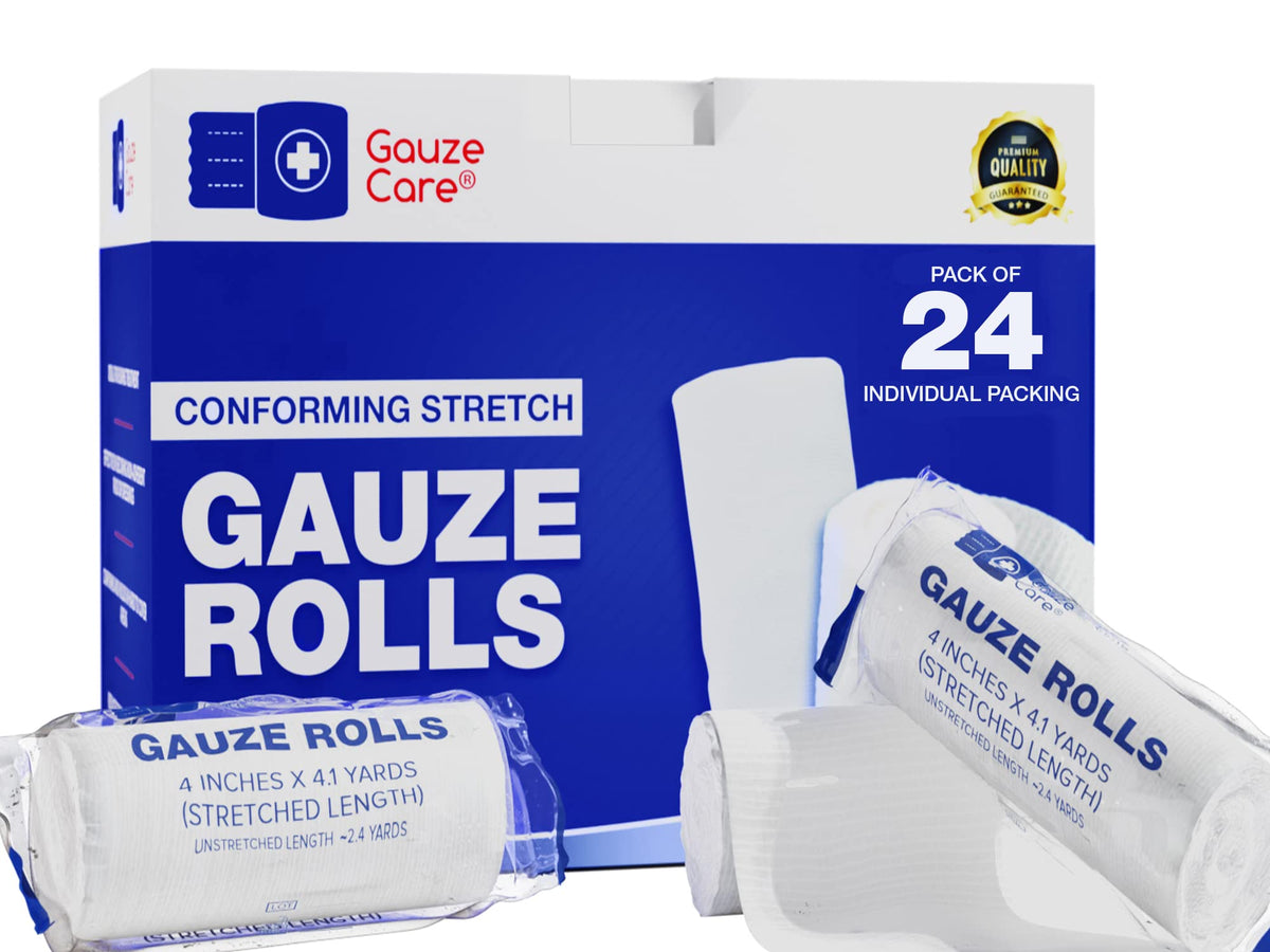 Gauze Care pack of 24 rolls keeps dressings in place for home first aid.