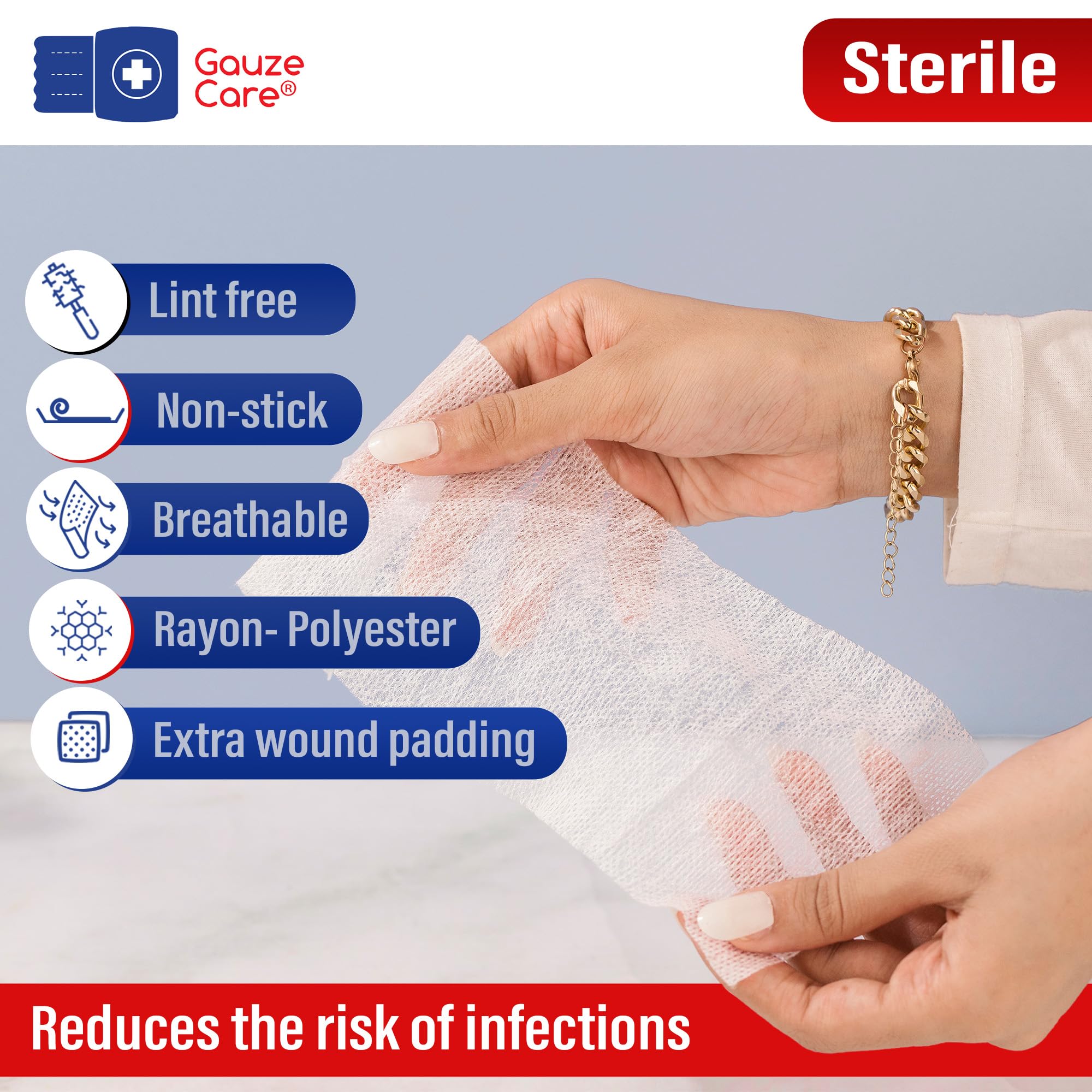 Gauze Care soft, lint-free pads provide comfortable protection over minor wounds.