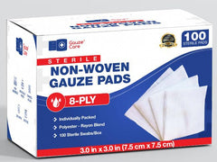 Gauze Care sterile 8-ply 3x3 gauze pads are individually wrapped for sterility.