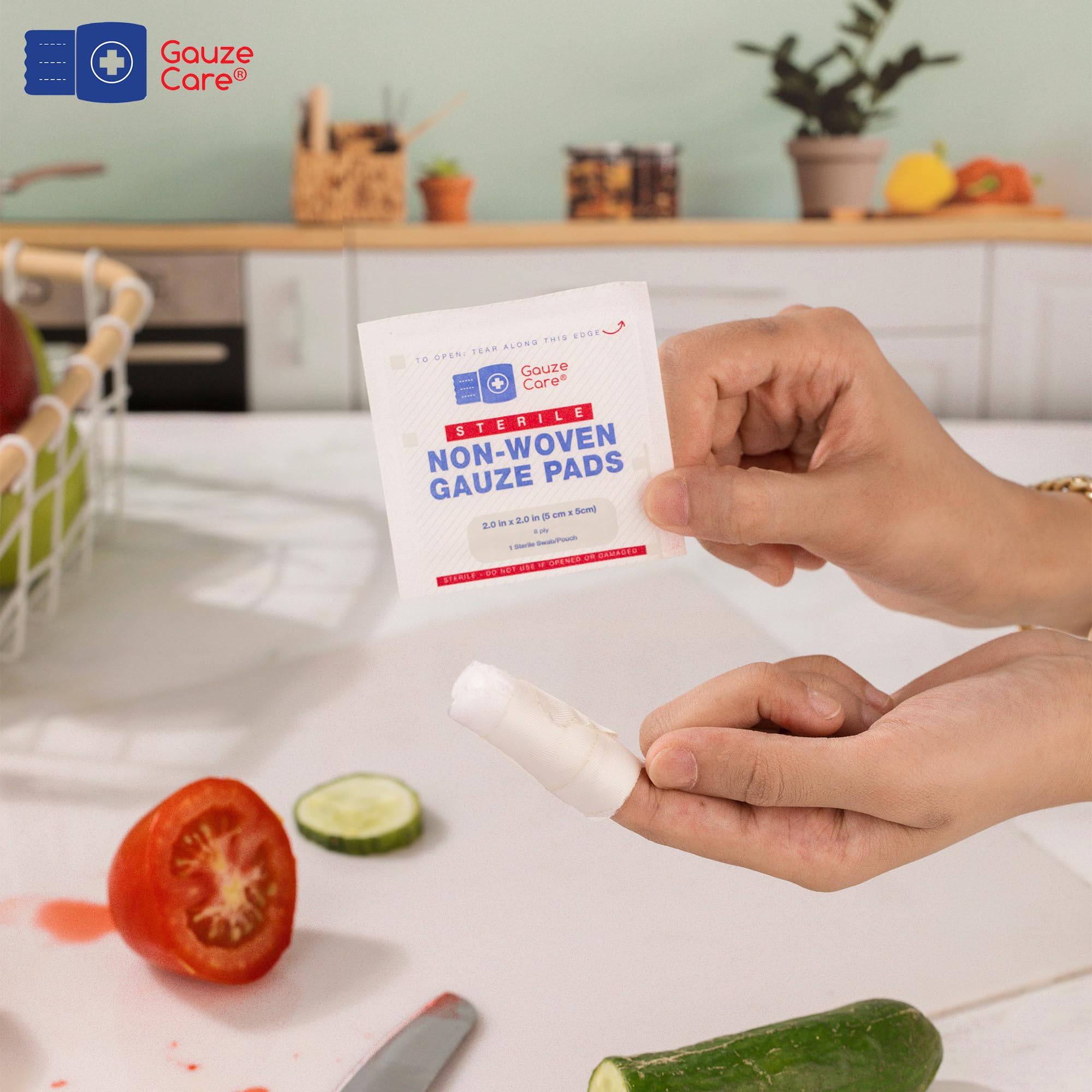 Gauze Care 2x2 pads, compact and sterile for everyday wound care.