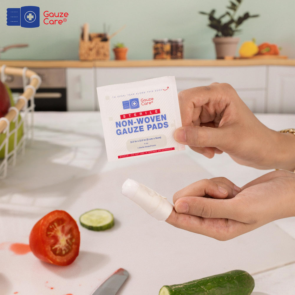 Gauze Care 2x2 pads, compact and sterile for everyday wound care.
