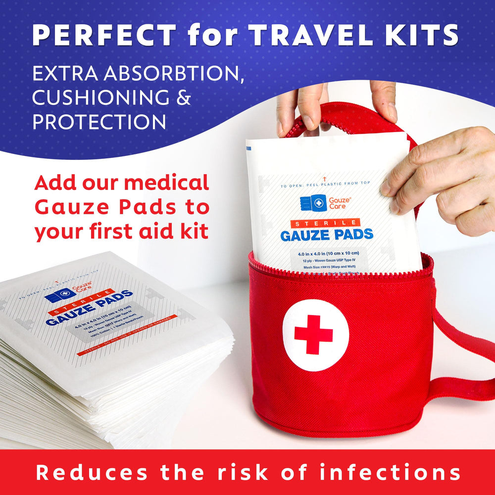 Gauze Care wound dressing 4x4 pads ideal for cleaning and packing wounds.