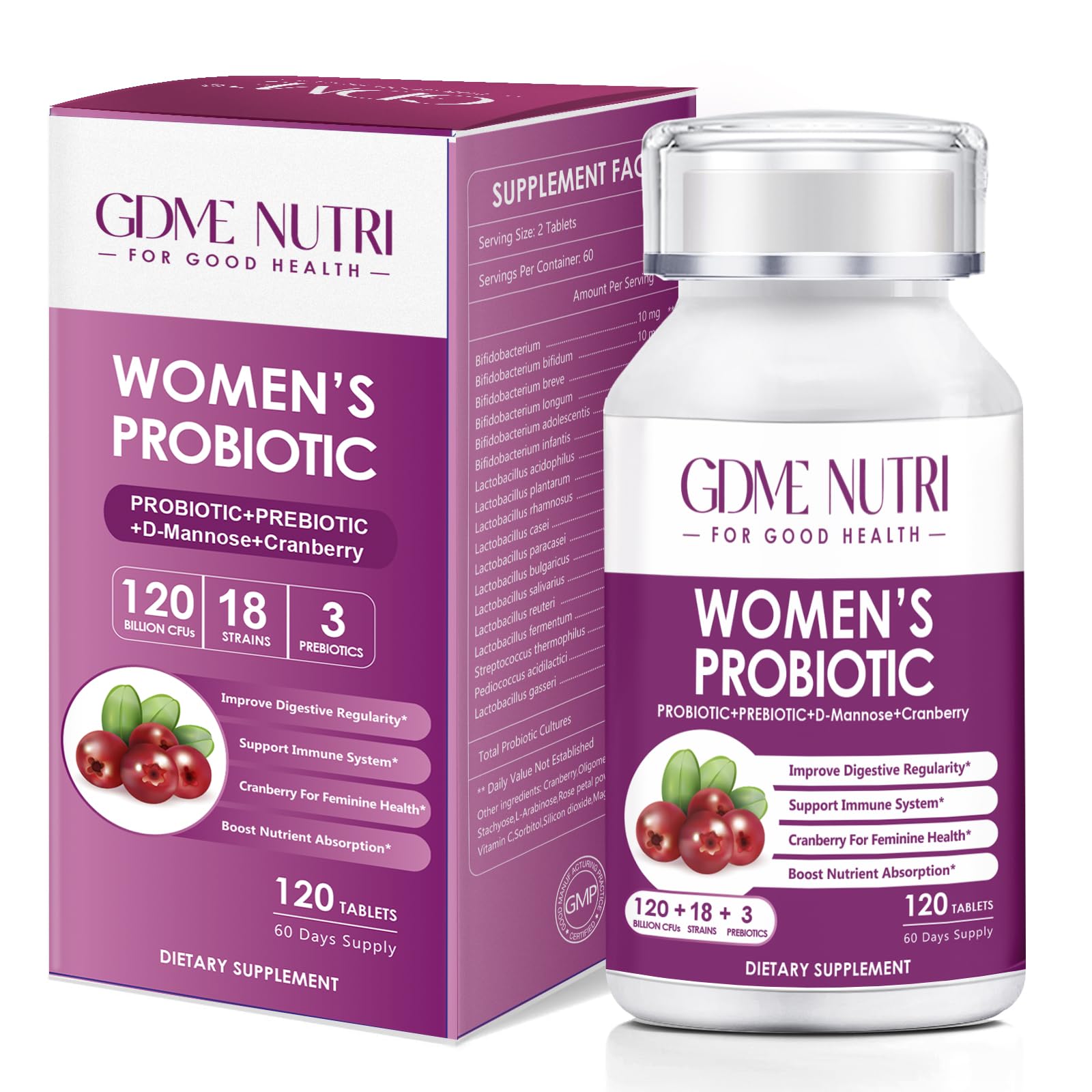 GDMENUTRI Women's Probiotics bottle shown for daily gut balance and wellness.