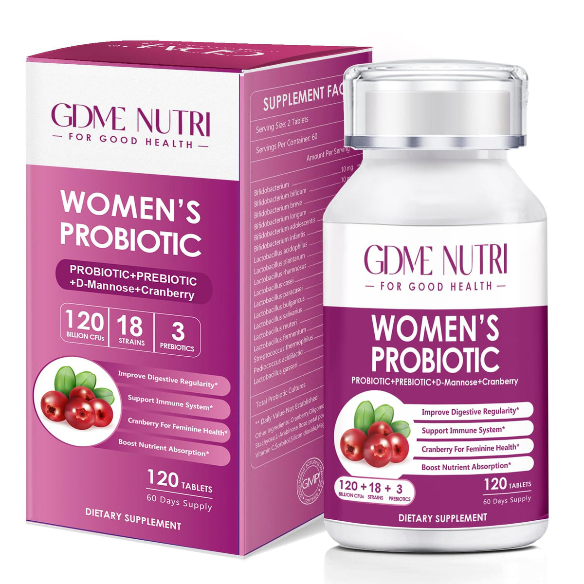 GDMENUTRI Women's Probiotics bottle shown for daily gut balance and wellness.