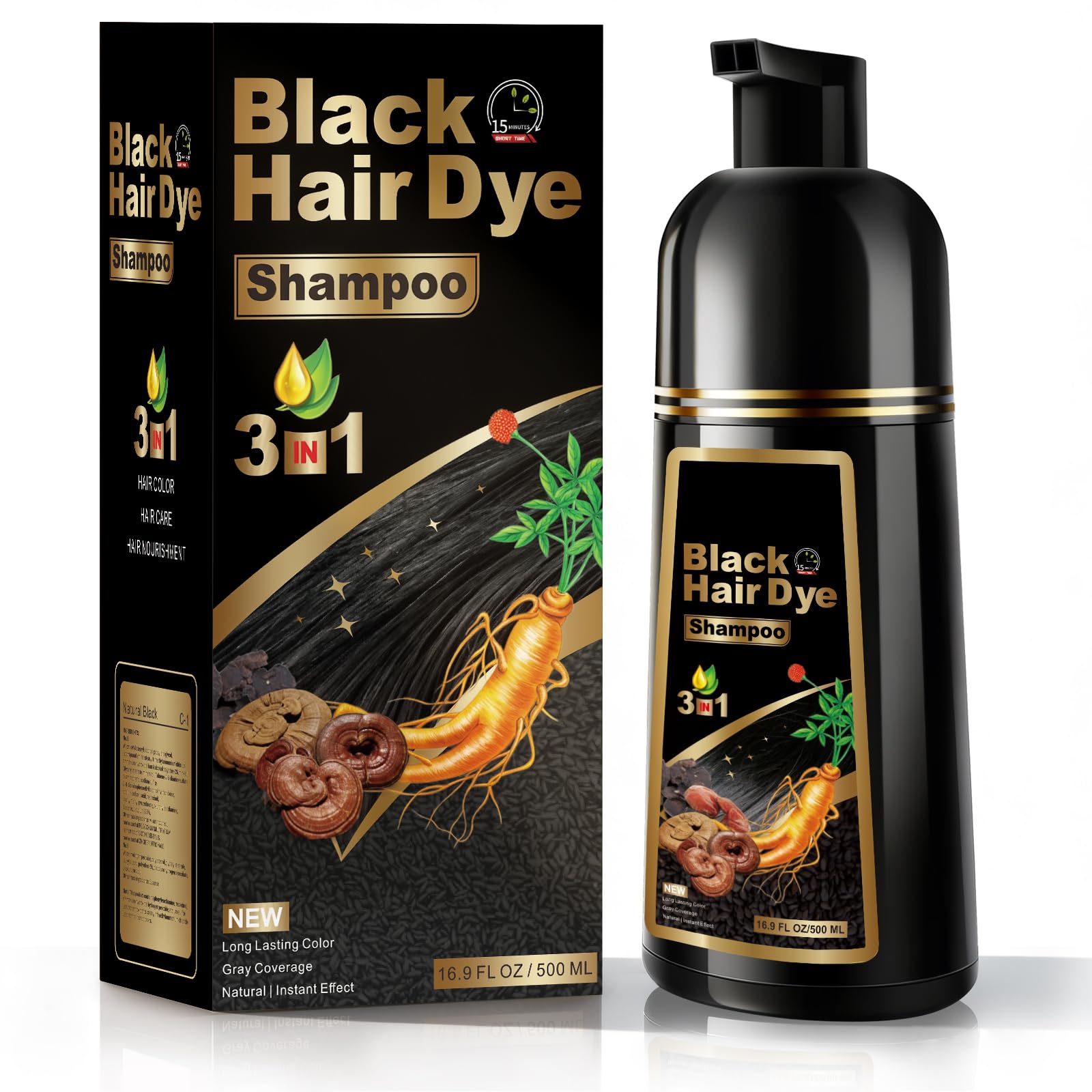 GDRFNP Black Hair Dye Shampoo bottle showing herbal formula for gray coverage