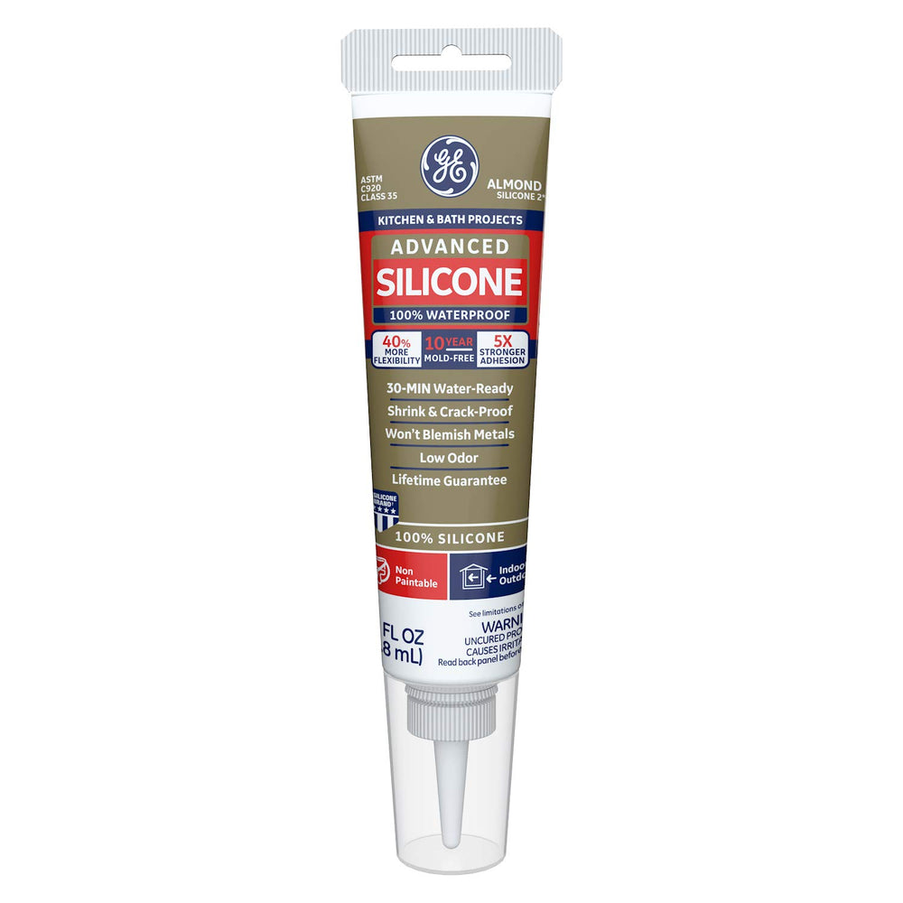 GE Advanced Silicone Kitchen and Bath Sealant Almond tube for precise sealing.