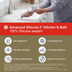 GE Kitchen and bath caulk seals sink edges with a smooth finish.