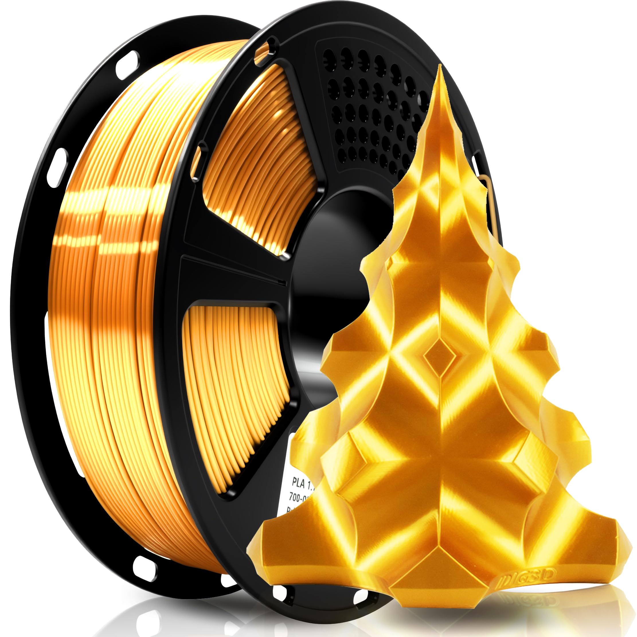 Geeetech Silk Gold filament close-up shows glossy finish for vibrant art projects.