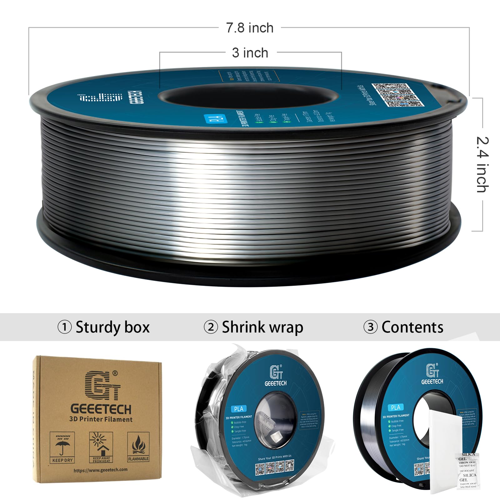 Geeetech Silk PLA spool highlights 1.75 mm size and tolerance