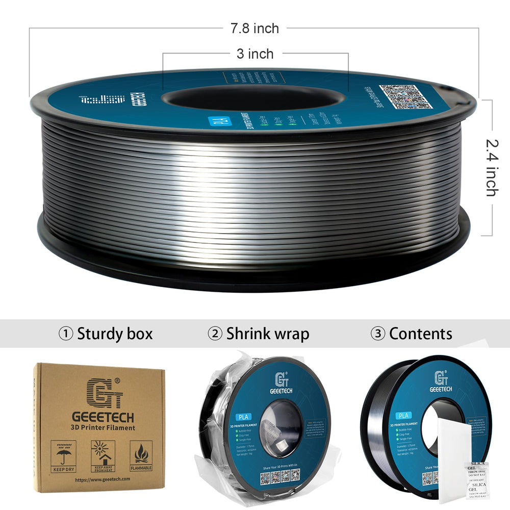 Geeetech Silk PLA spool highlights 1.75 mm size and tolerance