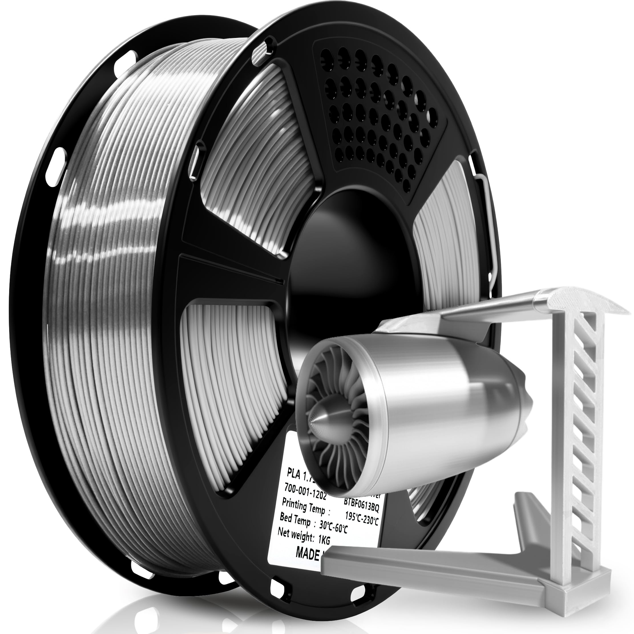 Geeetech Silk PLA spool in metallic silver showing glossy finish for 3D prints