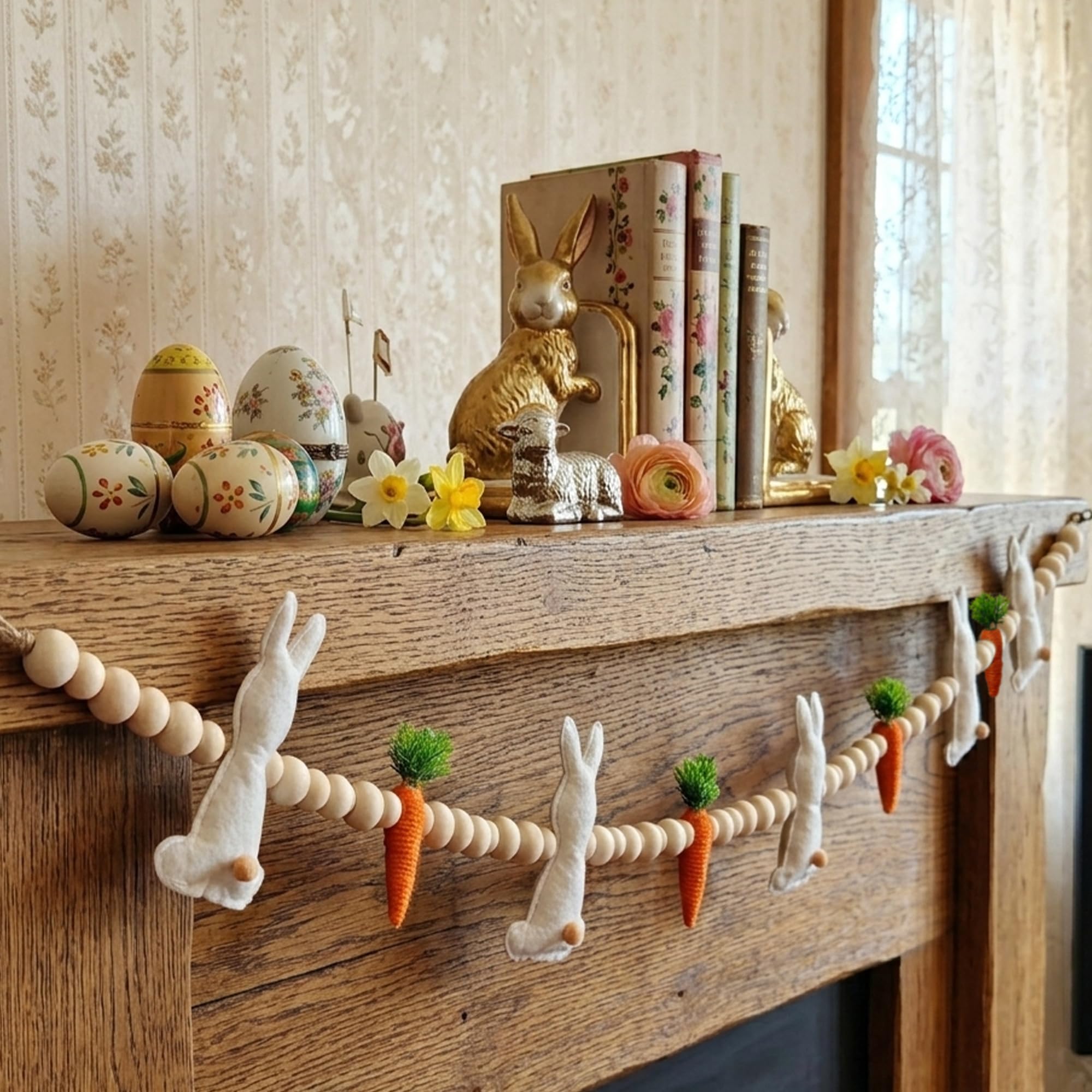 Gee Hut Easter Bunny Garland on mantel adds cozy farmhouse charm.