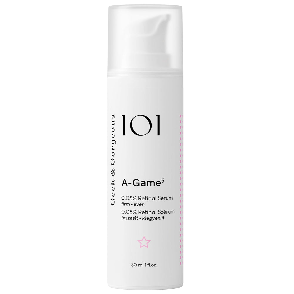 Geek & Gorgeous A-Game 5 retinal serum bottle with silky texture for smooth skin.