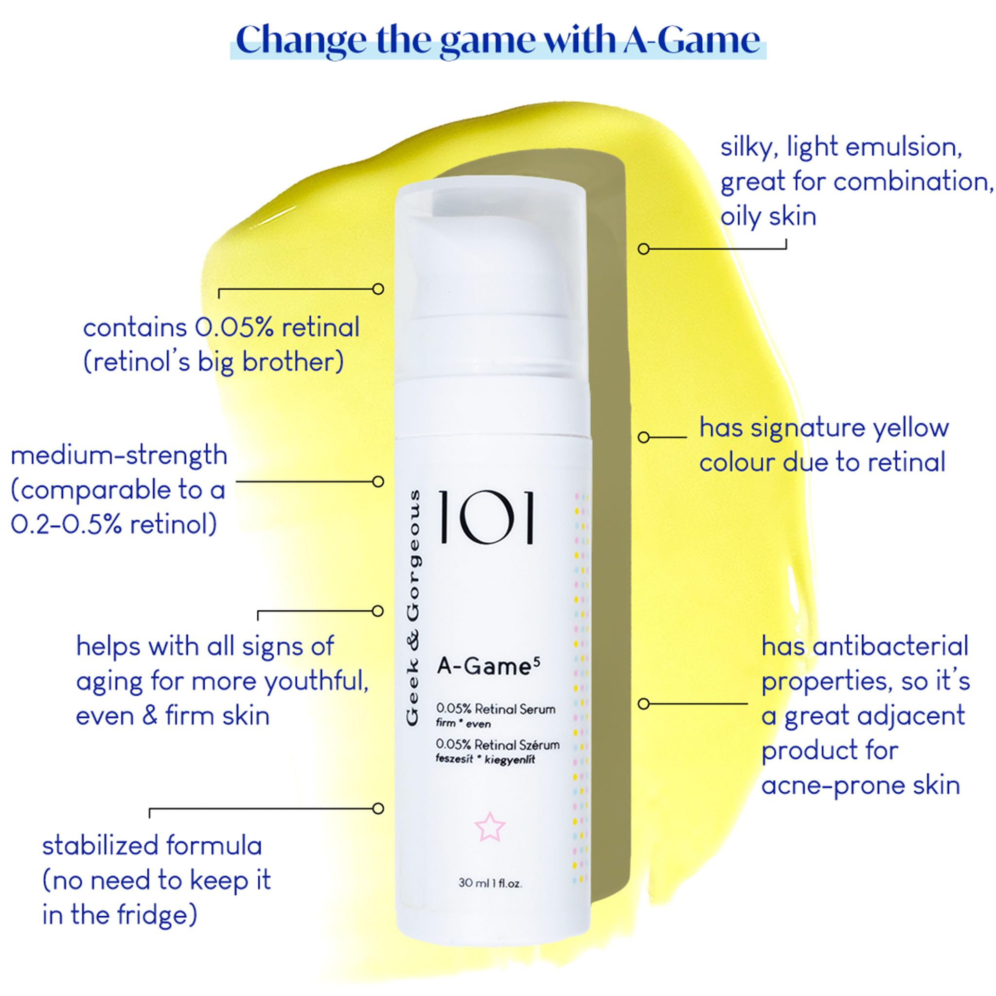 Geek & Gorgeous A-Game 5 serum drops on skin for even tone.
