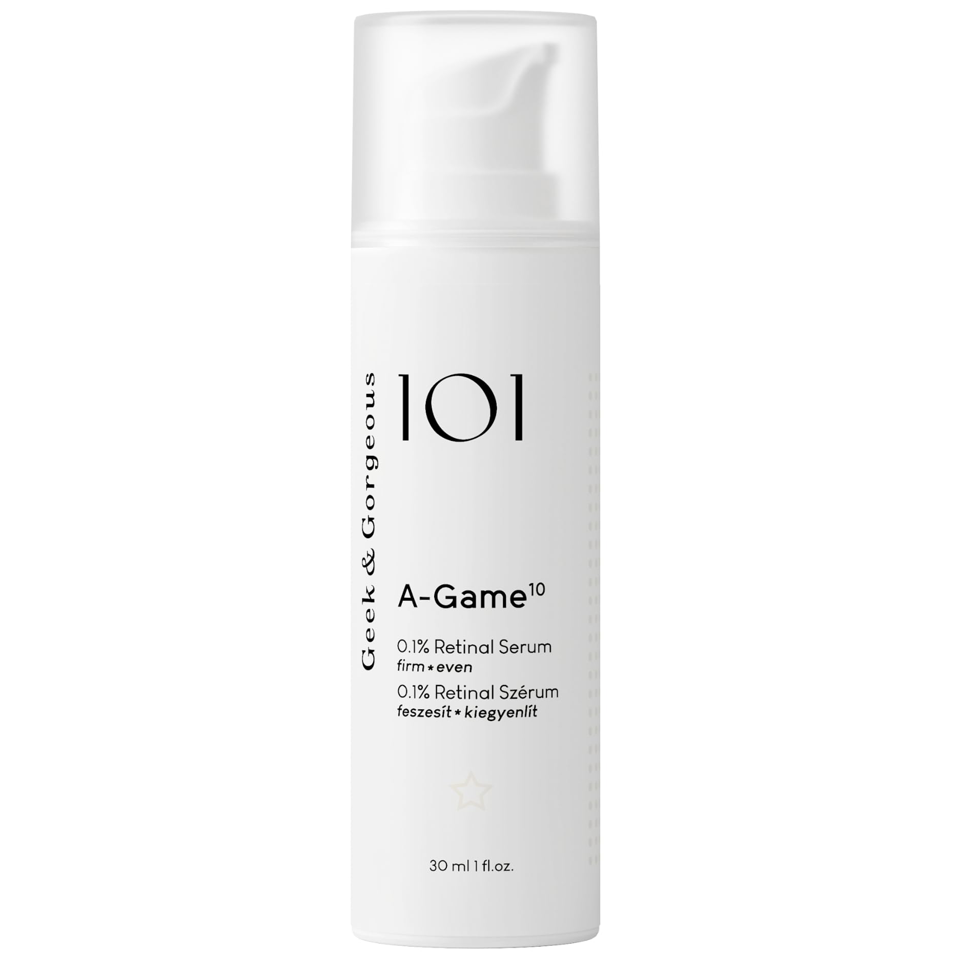 Geek & Gorgeous A-Game bottle close-up with silky serum texture for smoother skin.