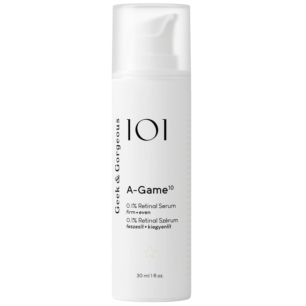 Geek & Gorgeous A-Game bottle close-up with silky serum texture for smoother skin.