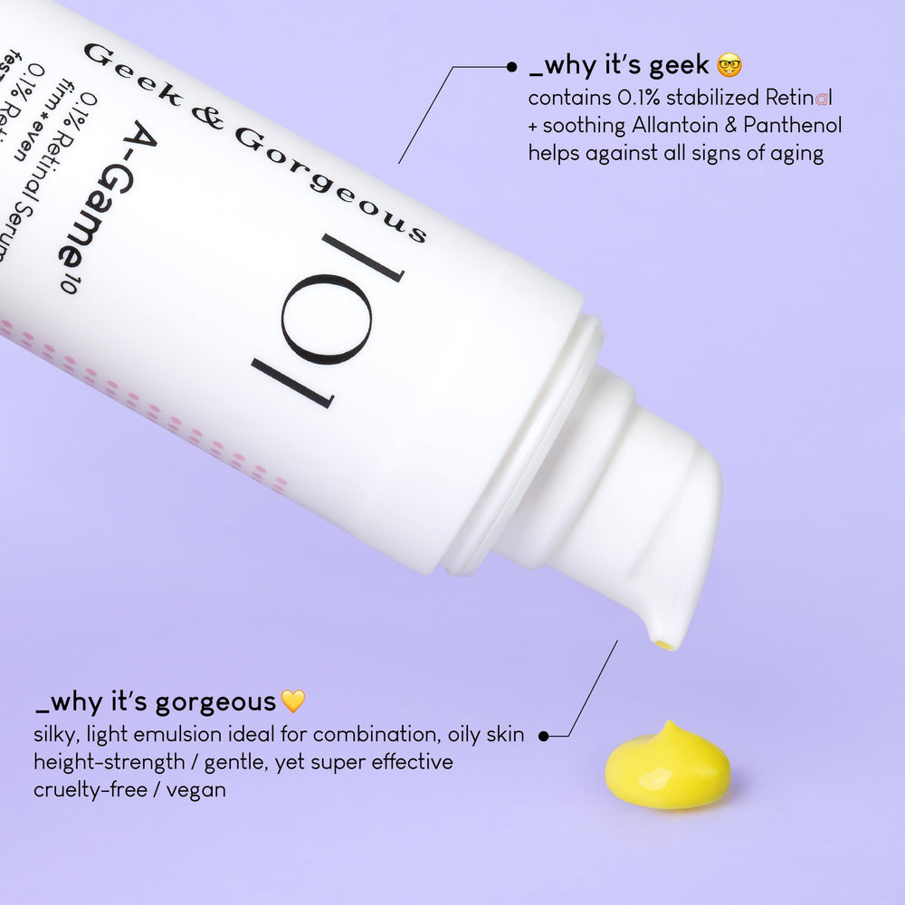 Geek & Gorgeous A-Game pump-top bottle captured for easy, precise application.