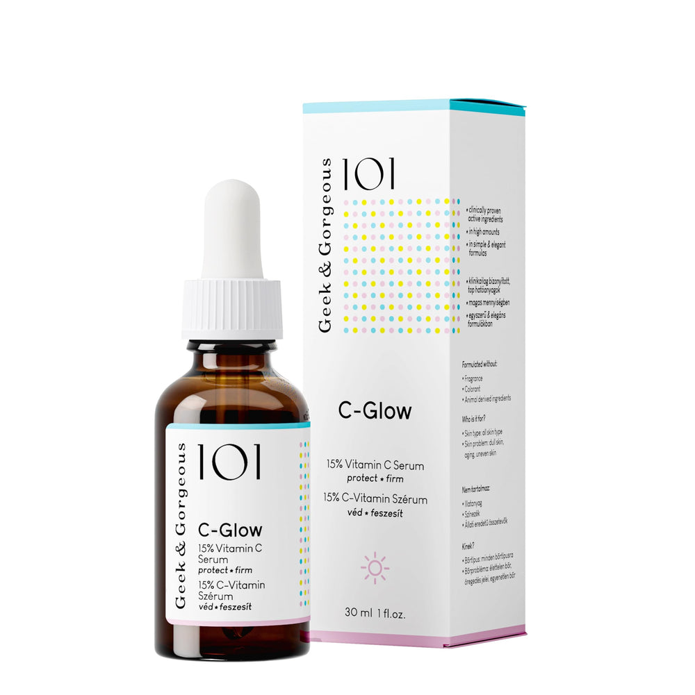 Geek & Gorgeous C-Glow bottle close-up showing antioxidant protection and lightweight serum.