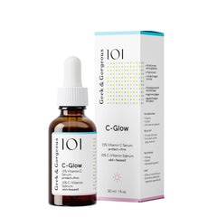 Geek & Gorgeous C-Glow bottle close-up showing antioxidant protection and lightweight serum.