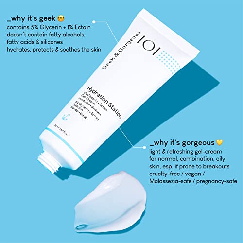 Geek & Gorgeous Hydration Station bottle shows lightweight, non-greasy formula.