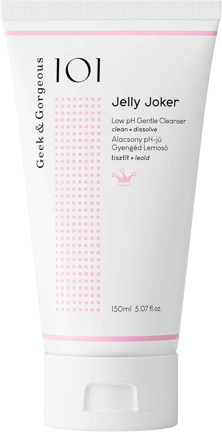 Geek & Gorgeous Jelly Joker bottle pour shows gentle, non-foaming cleansing for makeup removal.