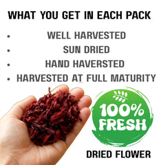 Geenafoods dried hibiscus blooms for tea provide tart flavor and rich color.