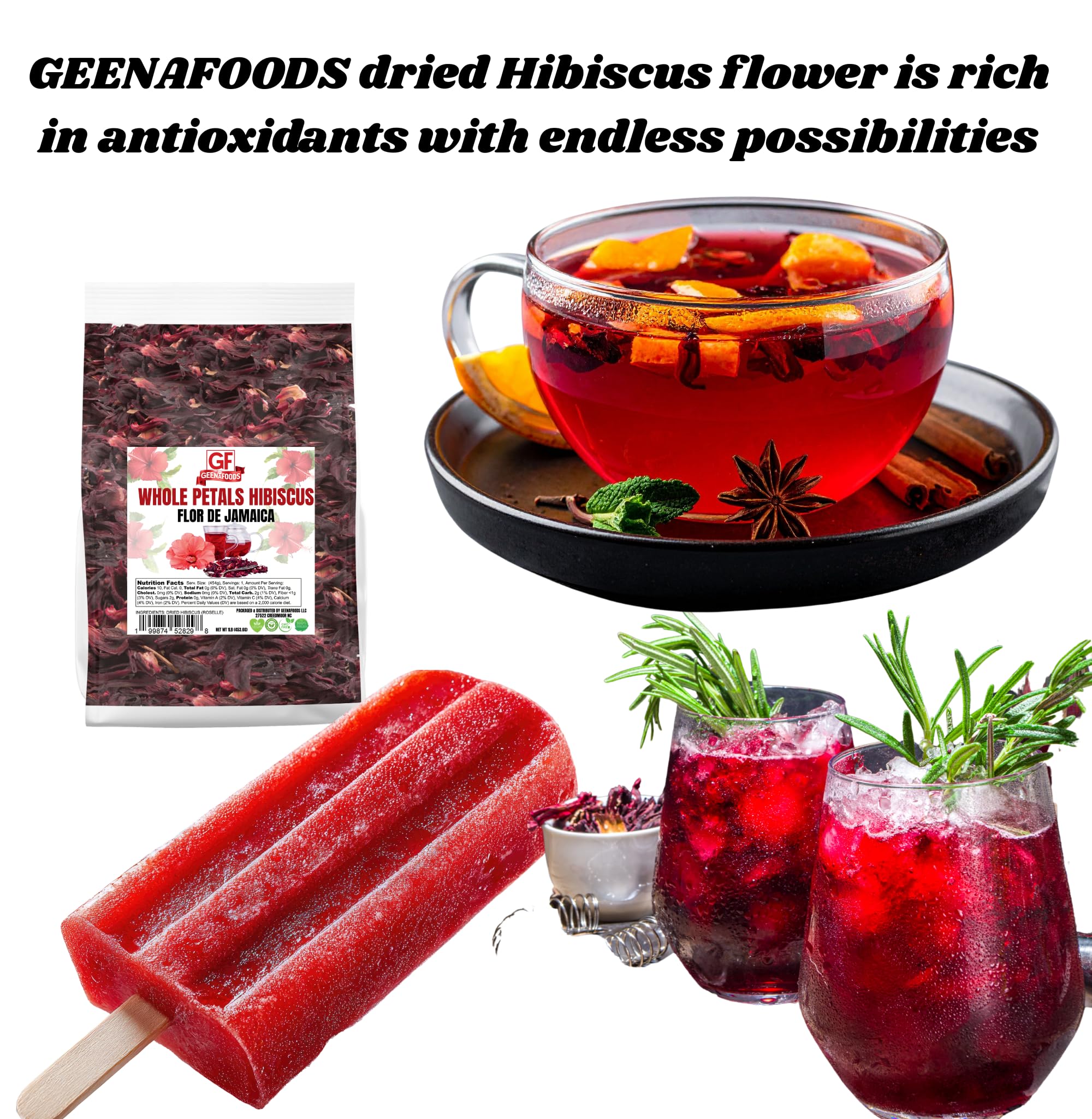 Geenafoods hibiscus petals as natural colorant and flavoring for desserts.