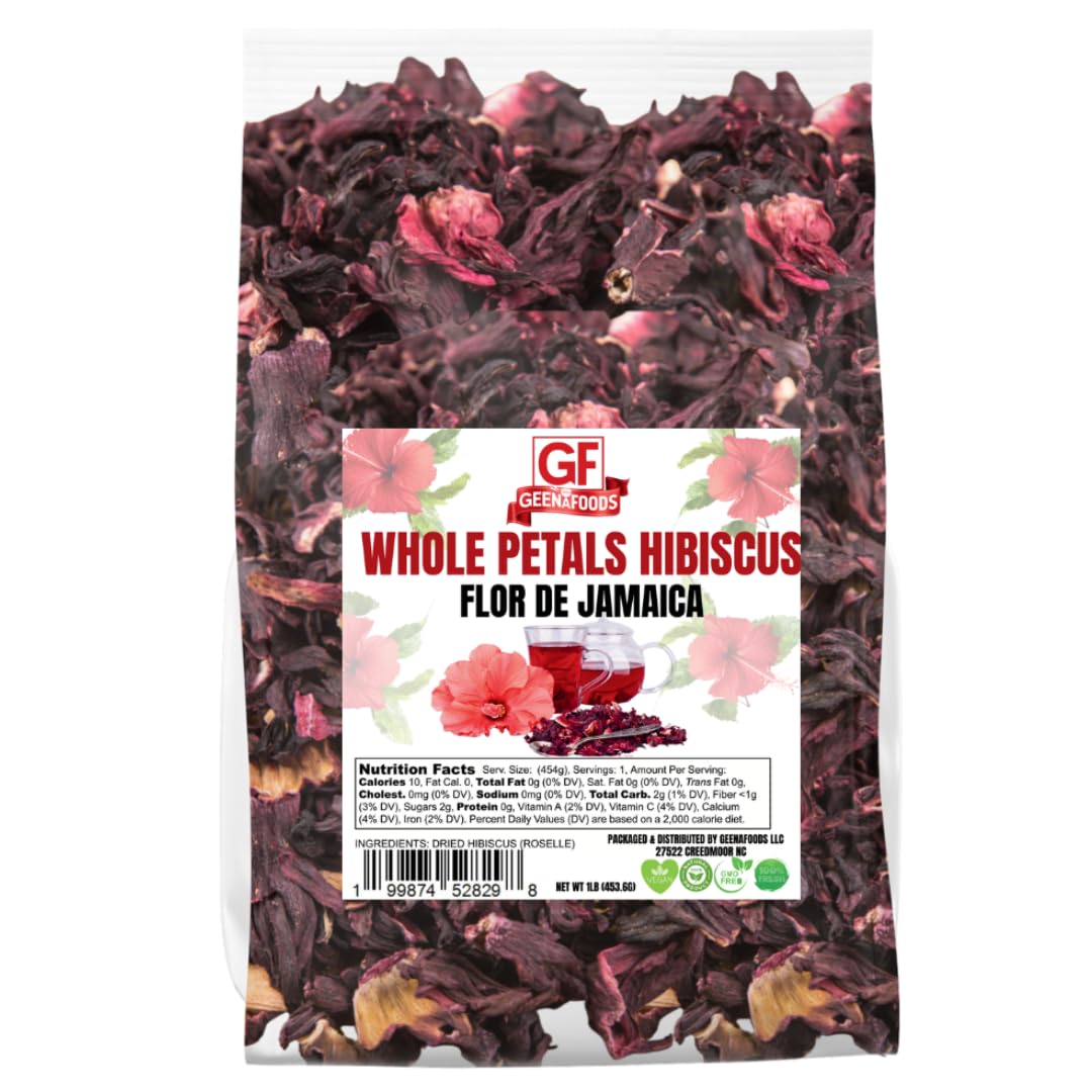 Geenafoods hibiscus whole petals in a resealable bag for vibrant hibiscus tea.