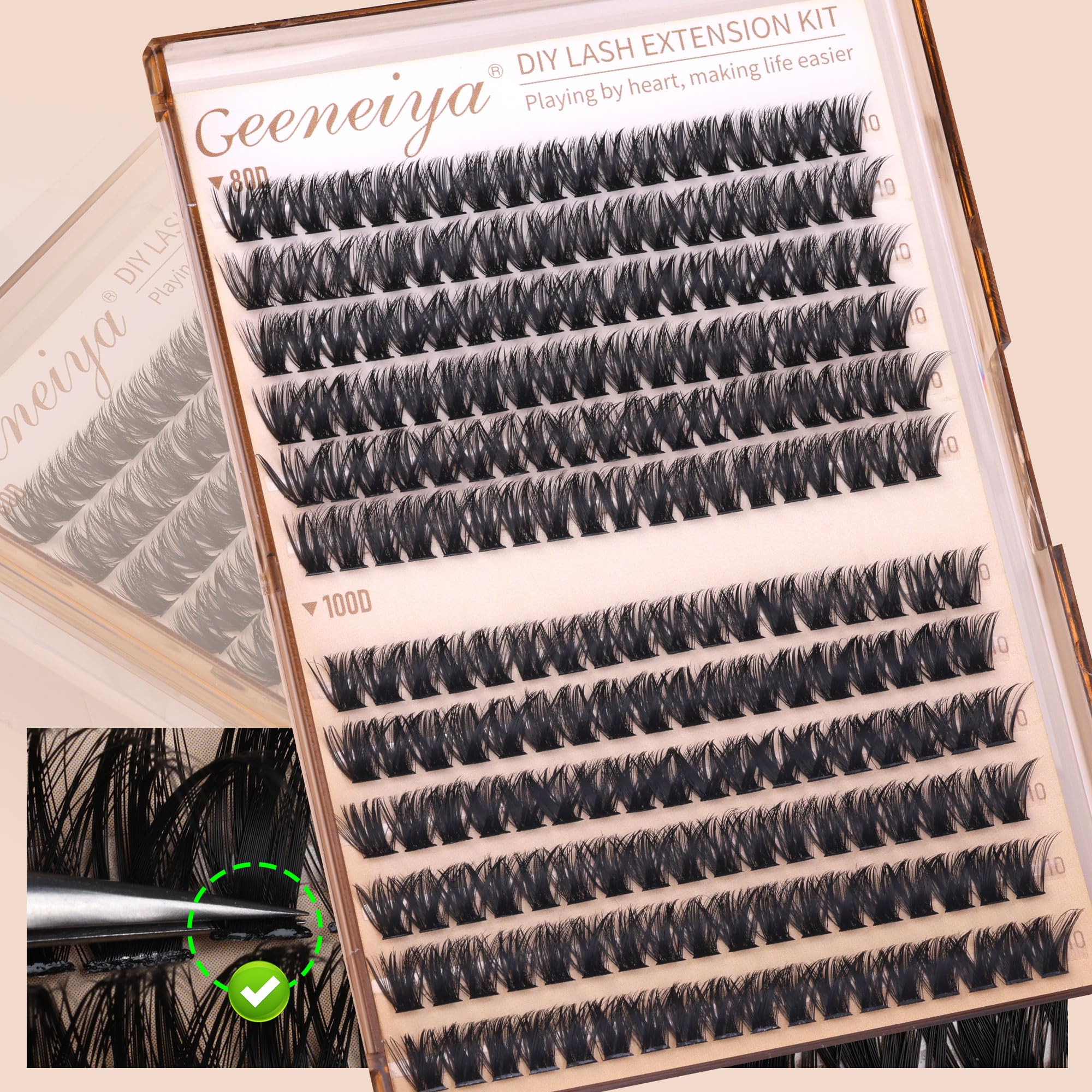 Geeneiya waterproof finish on 10mm lash clusters for all-day use.