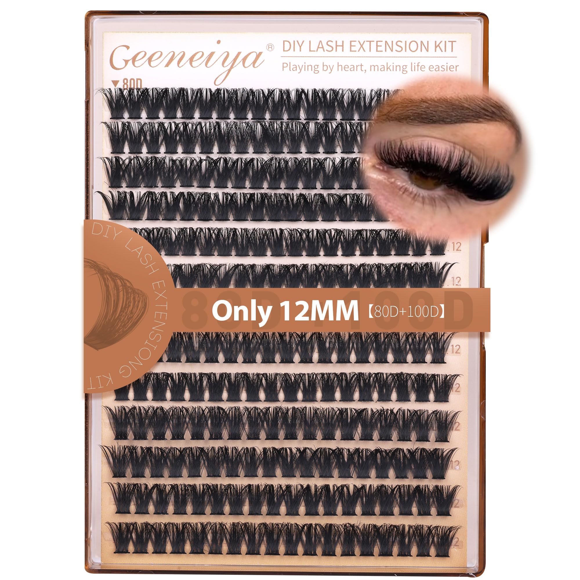 Geeneiya 12mm volume lash clusters in D curl for natural, wispy daily fullness.