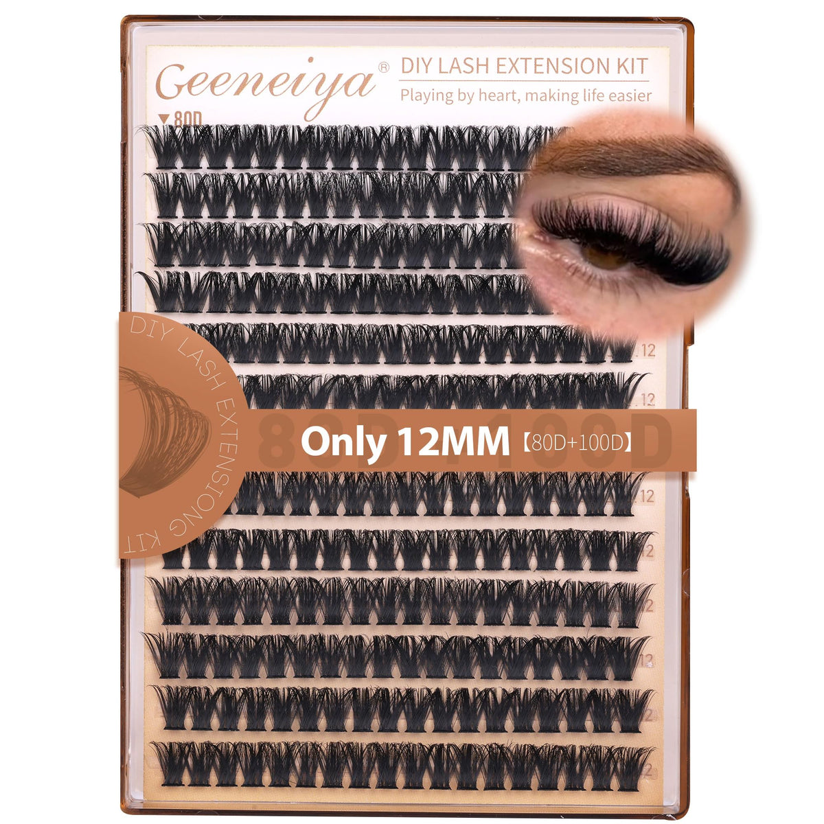 Geeneiya 12mm volume lash clusters in D curl for natural, wispy daily fullness.