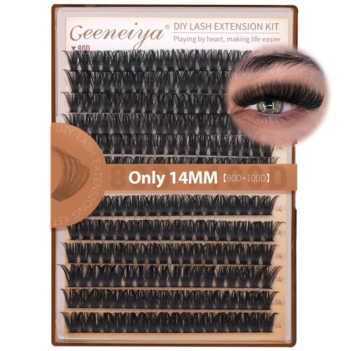 Geeneiya 14mm volume lash clusters in packaging for easy at home use