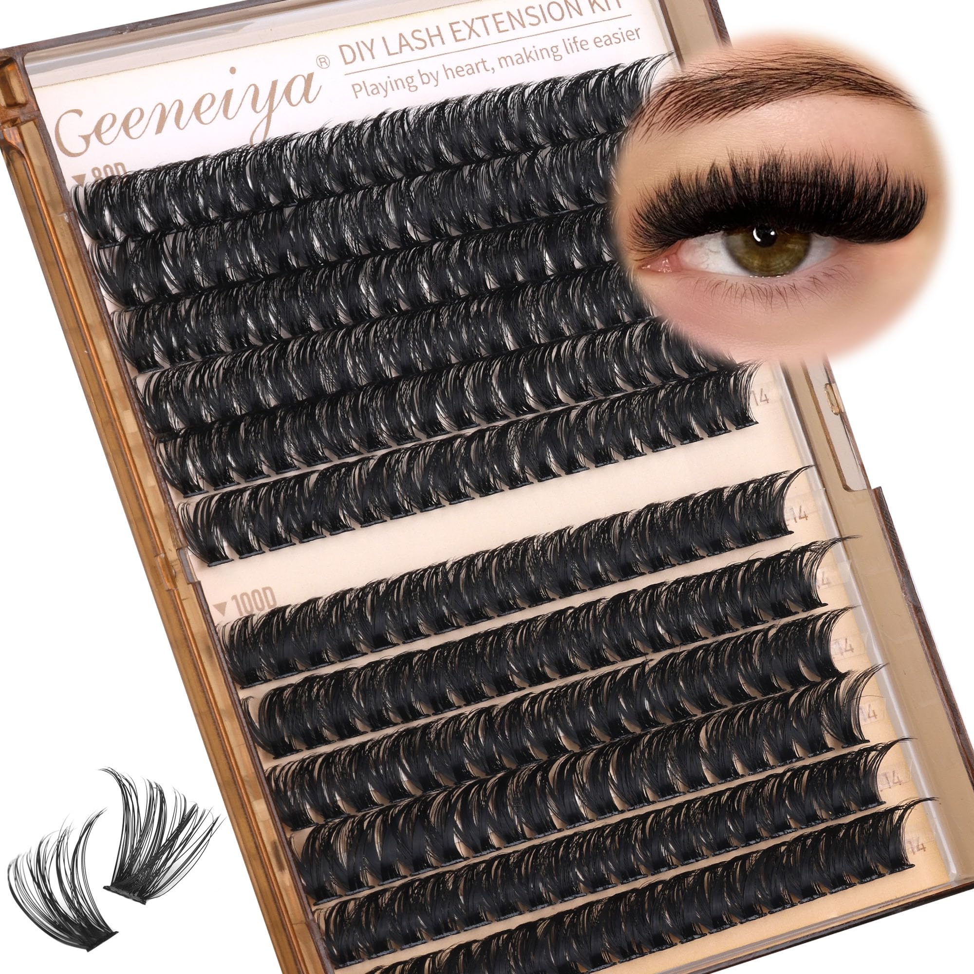 Geeneiya DIY lash application in progress showing layering technique