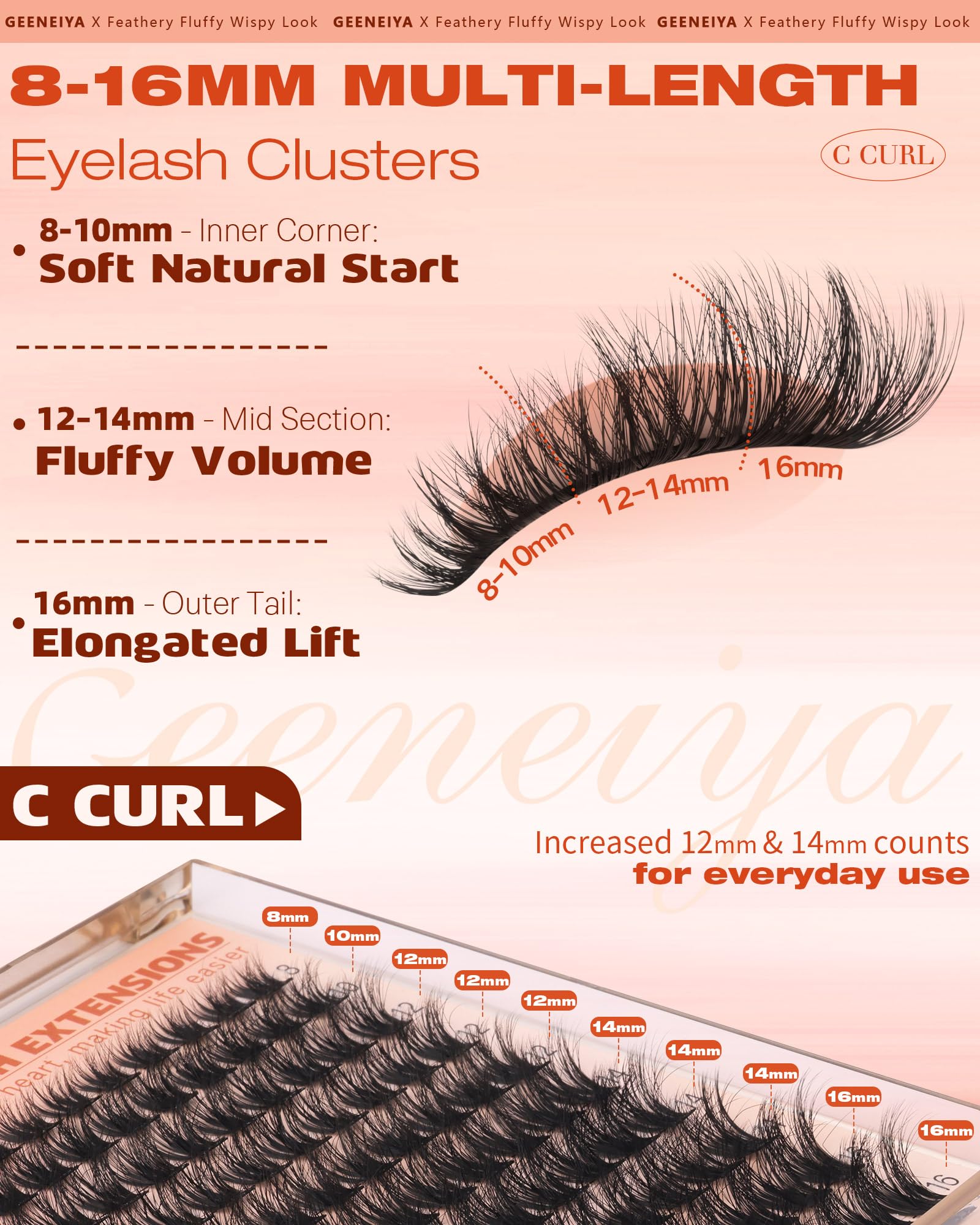 Geeneiya Fluffy Lash Clusters cat-eye look for lifted definition.