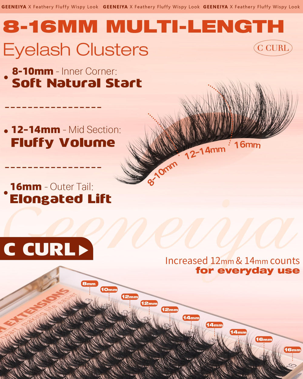 Geeneiya Fluffy Lash Clusters cat-eye look for lifted definition.