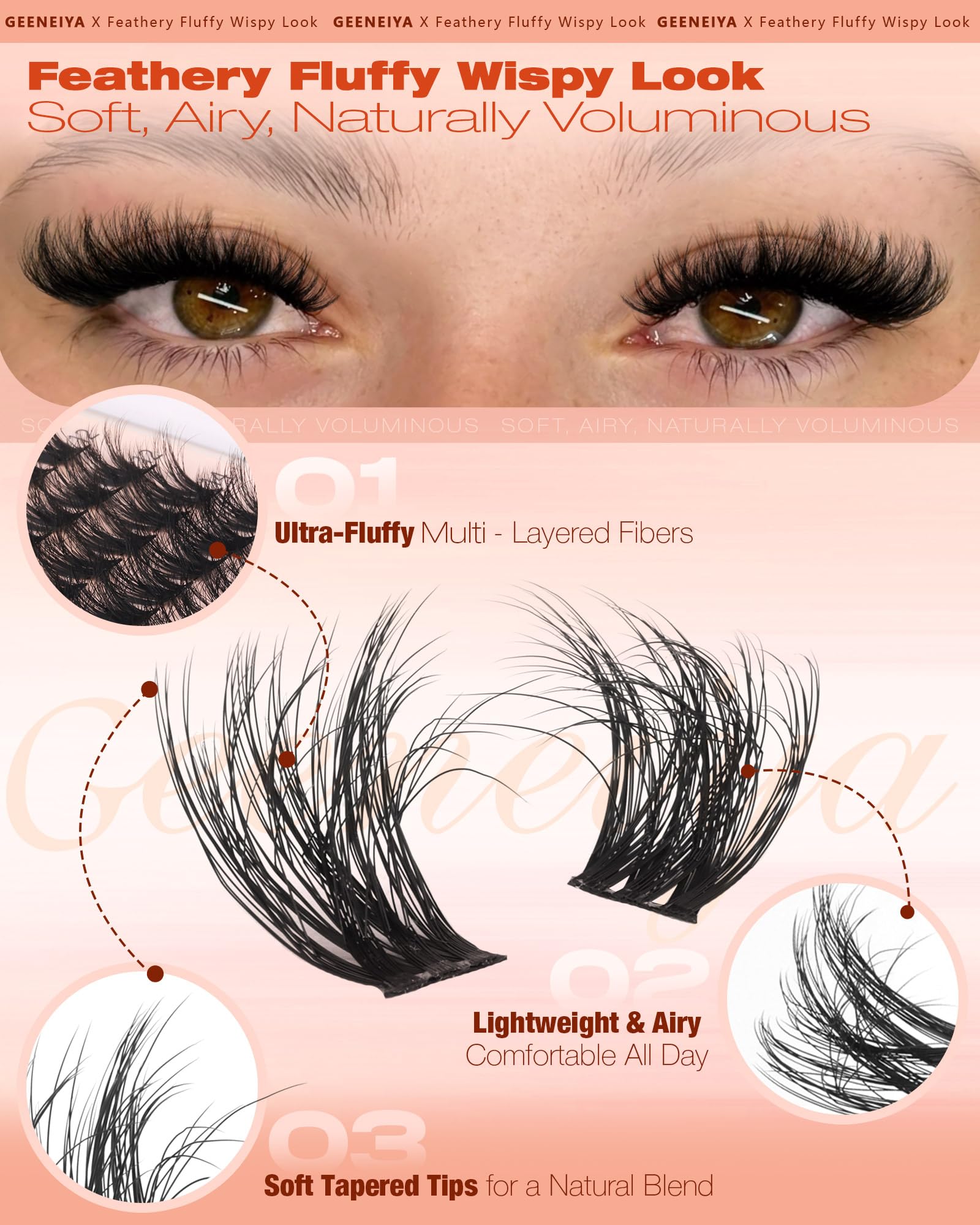 Geeneiya Fluffy Lash Clusters open-eye look blending with natural lashes.
