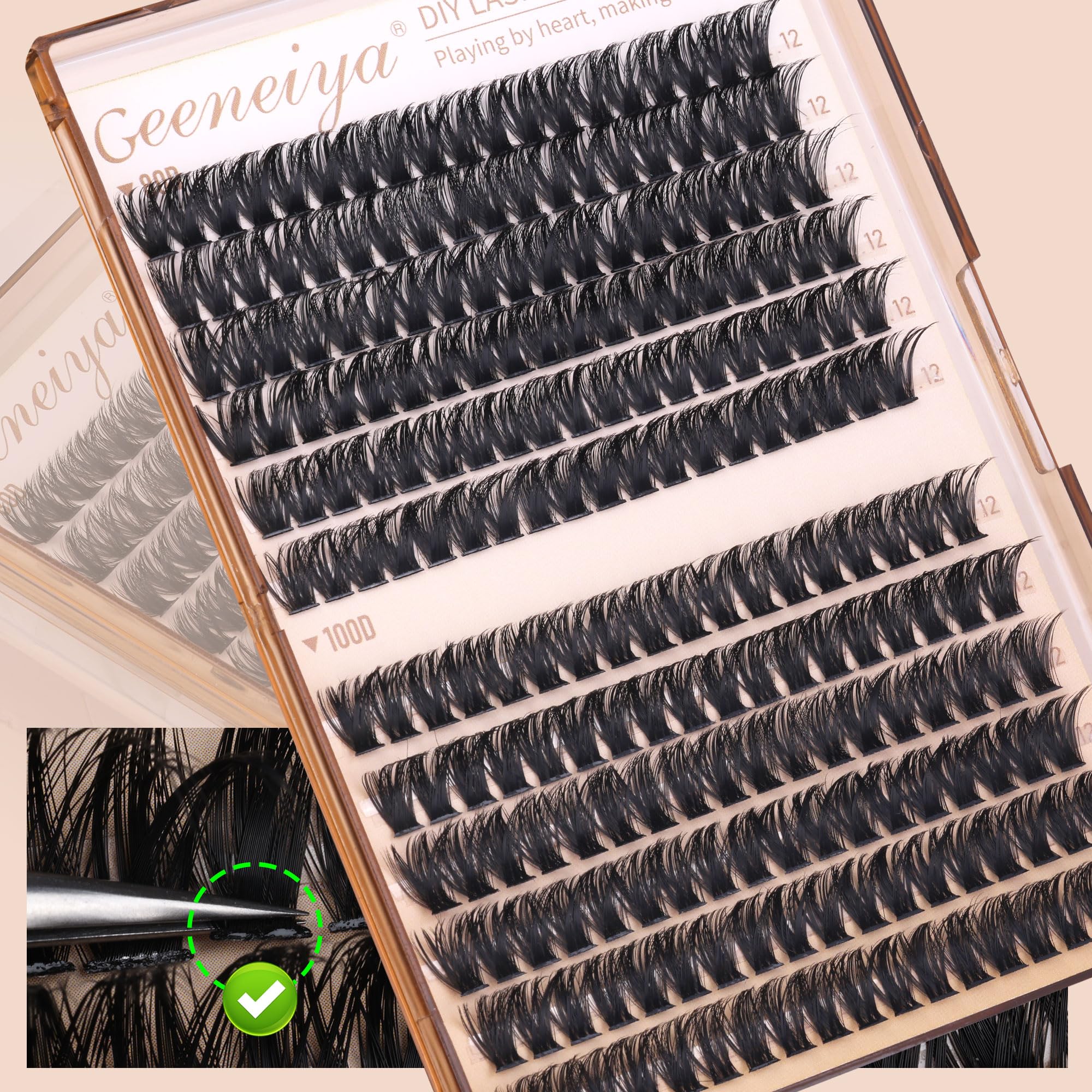 Geeneiya 12mm volume clusters easy to apply with tweezers for salon-like results.
